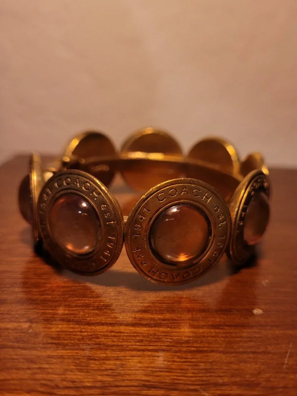 Coach Brass & Cabochon Medallion Hinged Bangle Bracelet Amber/Honey